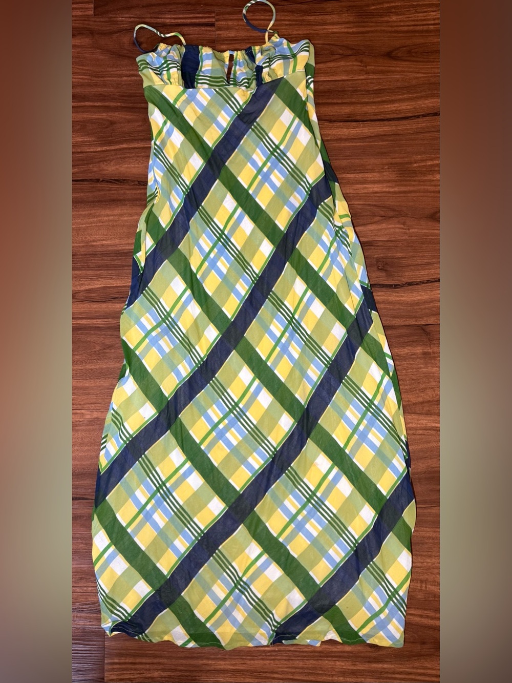 Vintage BCBG Maxazria Plaid Maxi Dress Green Yellow Blue Y2K Spaghetti Strap 2